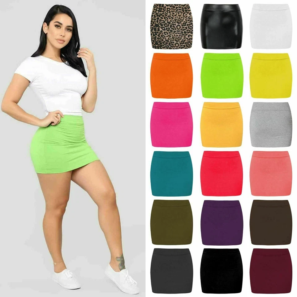 WOMENS HIGH WAISTED PLAIN JERSEY SUMMER TUBE PENCIL SHORT MINI SKIRT UK 8-26 - Image 1 of 1