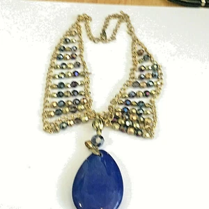 VINTAGE 18KGP CRYSTAL AB ACCENT BLUE STONE COLD TO THE TOUCH NECKLACE 15" - Picture 1 of 2