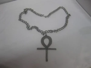 Unique Egyptian Pectoral Ankh, Hammered Silvertone Metal W/ Heavy Clasped Chain - Picture 1 of 4