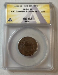 1864 - US 2 Cent Piece - ANACS MS63 BN - Repunched Date Large Motto DDO - Picture 1 of 5