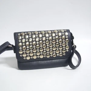 Small Black Leather Studded Brass Rhinestone 8" Purse - Picture 1 of 3