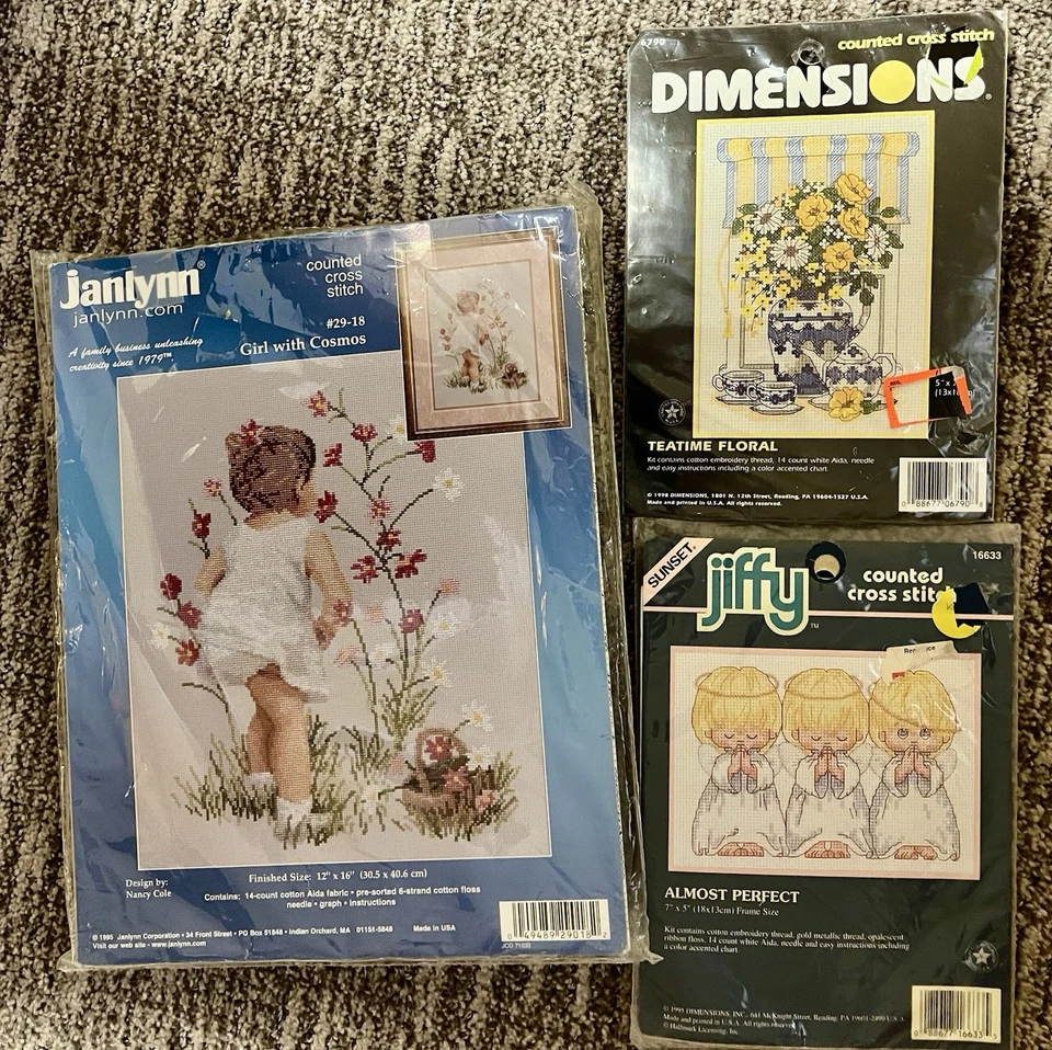 Lote - Tres nuevos kits de punto de cruz contados - Janlynn, Dimensions, Jiffy, Angels, etc. Foto 1 de 1