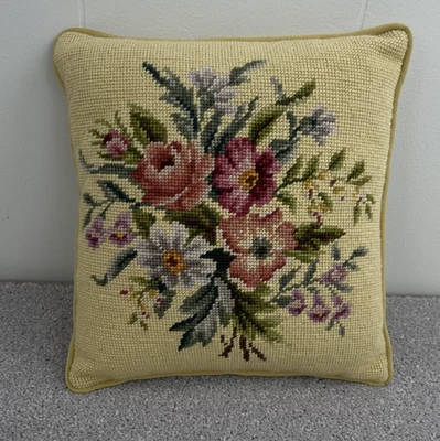 Needlepoint Pillow Floral Pink Blue Yellow Handmade Victorian Wool Throw Accent - Image 1 of 4
