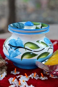 Hand Painted Ceramic Pickle Jar with Lid - Blue Floral Kitchen Storage Pot - Picture 1 of 7