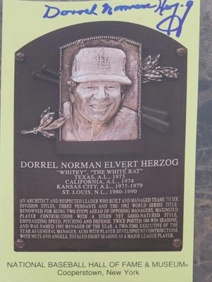 Whitey Herzog Signed HOF Plaque Postcard Yellow Autograph FULL NAME RARE JSA - Image 1 of 2