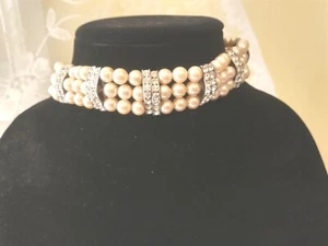 Vintage 1980's Signed CAROLEE Multi-Strand Faux Pearls, Diamante Spacers Choker  - Picture 1 of 4