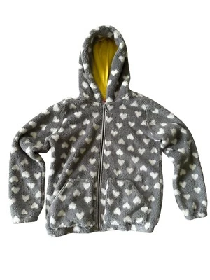 Hanna Andersson 160 US 14 Fleece Hooded Jacket Gray White Hearts Zip Up - Image 1 of 4