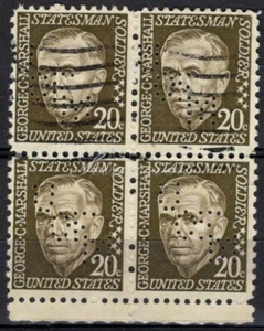 Perfins USA 1965, Sc1289 4x 20c George C Marshall. Used UofM - Picture 1 of 3