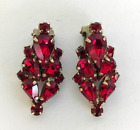 Weiss Signed Vintage Red & Gold Tone Marquise Rhinestone 1? Clip On Earrings