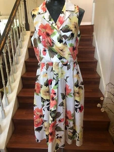 Nicci Faux Wrap Floral Sleeveless Dress Fit Flare White/Red/Yellow Party Size 16 - Picture 1 of 8