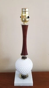 Vintage White Hobnail Milk Glass Wood Marble Table Lamp - Picture 1 of 7