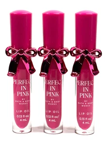 NEW 3 BATH & BODY WORKS PERFECT IN PINK LIP OIL GLOSS 0.13 FL OZ PINK BOW 4 ML - Picture 1 of 3