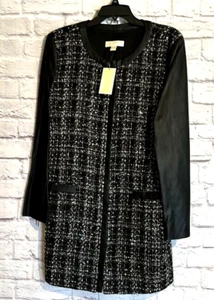 Michae Kors Black Tweed, Sequined & Faux Leather Trim Zip Coat Nwt Ladies - Picture 1 of 11