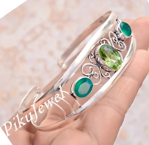 Green Onyx & Faceted Peridot Gemstone 925 Sterling Silver Artisan Bangle Cuff - Picture 1 of 6