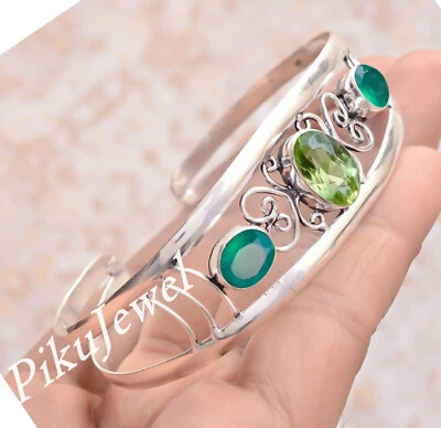 Green Onyx & Faceted Peridot Gemstone 925 Sterling Silver Artisan Bangle Cuff - Image 1 of 4
