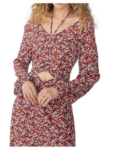 VALENTINO Abito midi ritagliato $149 nuovo con etichette stampa floreale chiffon collo L S 18 W