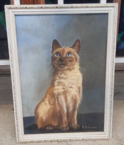 VINTAGE SUPERB BEAUTIFUL OIL PAINTING PORTRAIT OF CAT SIGNED - Picture 1 of 7