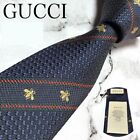 New Unused Gucci Skinny Neck Tie Navy Striped Bee 100%Silk