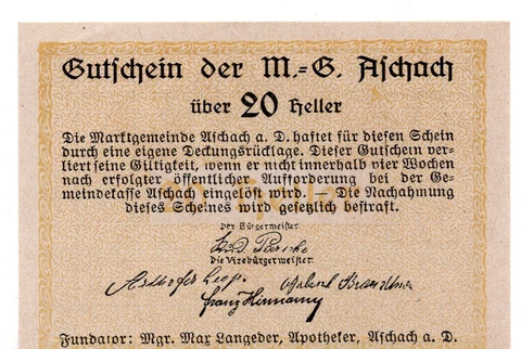 1920 Austria Notgeld Market Town of Aschach 20 Heller (C415) Cover
