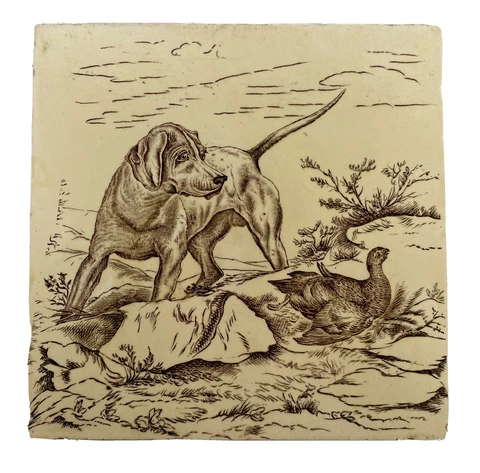 Antique 1790 Josiah Wedgwood & Sons Etruria Ceramic Tile Dog & Partridge 8" x 8" Cover
