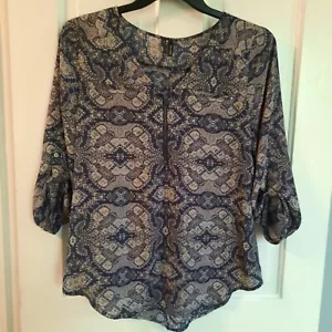 Maurices Indigo Boho Patterned SemiSheer 3/4 Sleeve Blouse Sz Medium EUC - Picture 1 of 9