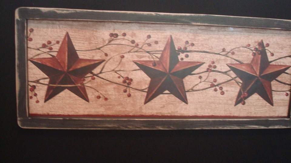 Primitive Country Print *3 Burgundy Stars with pip berries* Black Frame 20" x 8" - Image 1 of 1