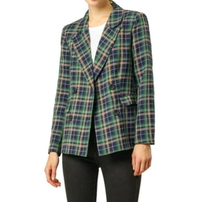 Allegra K Women's Notched Lapel Double Breasted Plaid Work Formal Blazer Jacket - Picture 1 of 13