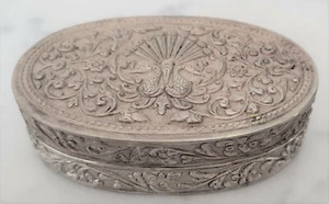 800 Silver Antique European Trinket Box with Peacock Motif 3" x 1 7/8" x 7/8" - Picture 1 of 9