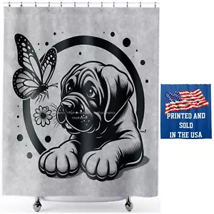 DigiPups Mastiff Puppy Dog Butterfly Play Black Art Cartoon Gray Shower Curtain - Picture 1 of 5