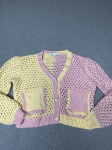 Zara Womens Cropped Chunky Knit Button Cardigan pink yellow medium - Picture 1 of 8