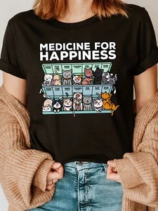 Cat Print Crew Neck T-Shirt Casual, Essential, Women's Fashion Clothing - Picture 1 of 12