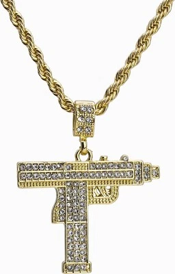 迷你 Uzi 枪吊坠立方锆石 24 英寸绳链男式嘻哈 18k 镀金 — 第 1/2 张图片