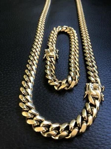 Juego de Brazaletes y Cadenas Cuban Miami Link de 10 mm de Acero Inoxidable enchapados en Oro 18K - Imagen 1 de 5