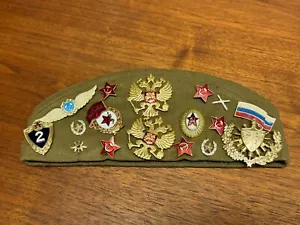 Vintage USSR Russian Military Pilotka Hat Cap w/ 17 Pins 3 Patches Size 56 JD - Picture 1 of 15