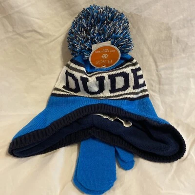 Sombrero y mitones tejidos DUDE a rayas azul gris para niños 12-24 meses nuevo Foto 1 de 4
