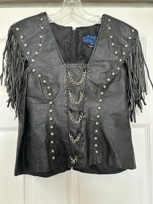 GALERÍA DE CUERO Motociclista Chaleco Cuero Negro Flecos Cadenas Tachuelas Cremallera Trasera Mujer M Foto 1 de 4