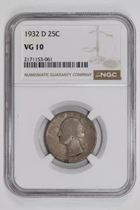 1932-D WASHINGTON QUARTER NGC VG10 - Picture 1 of 2