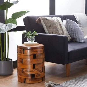 Litton Lane 14 in. Light Brown Cylinder Wood Handmade Live Edge End Table with - Picture 1 of 11