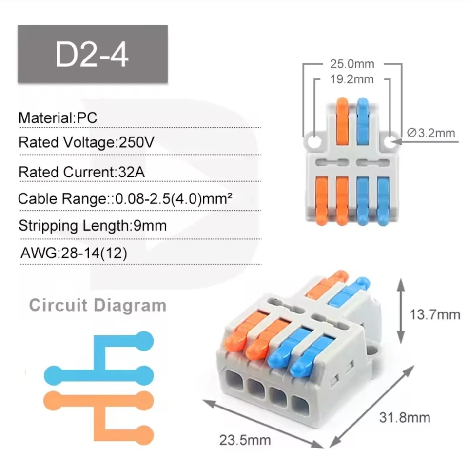 5pcs Electric Wire Cable Connectors Quick Reusable Spring Lever Terminal D2/4 UK - Image 1 of 1