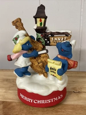 Vtg Wallace Berrie The Smurfs Carolers Musical Figurine Jingle Bells Japan - Image 1 of 4