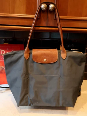 BLUE Longchamp Le Pliage MEDIUM LONG HANDLE Nylon Tote  HOLES WEAR USED CREASES - Image 1 of 4
