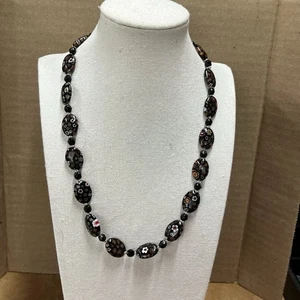 VTG Black Millefiori Glass Bead Necklace Floral Oval Beads 20” Hook Clasp - Picture 1 of 6