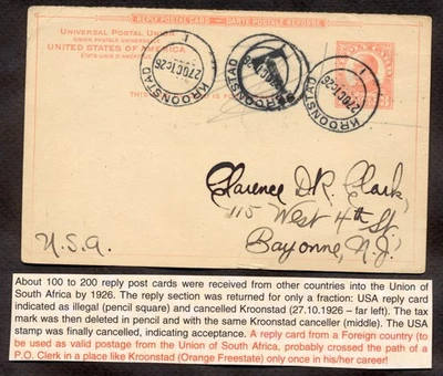 USA 1926 TARJETA DE RESPUESTA DE SUDAFRICA A ESTADOS UNIDOS. ESCASO.VER DESCRIPCIÓN A430 Foto 1 de 2