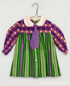 60s Toddler Dress Purple Green Plaid Stripe Daisy Print Peter Pan Collar Necktie - Foto 1 di 23