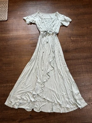 Isabel Maternity Faux Wrap Ruffle Maxi Dress in Blue Sz S  Gender Reveal Party - Image 1 of 4