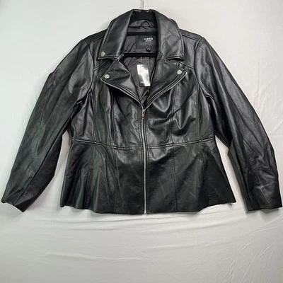 Torrid 夹克女式 2 码黑色人造皮革薄纱摩托车拉链外套全新带标签 — 第 1/4 张图片