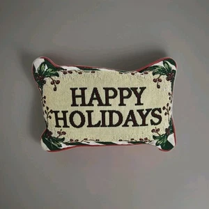 Needlepoint Petite Christmas HAPPY HOLIDAYS Pillow Red Back 12" x 8" No Tag - Picture 1 of 5