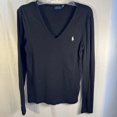 Camiseta Top Polo Ralph Lauren Para Mujer Negra Manga Larga Cuello en V Talla L Foto 1 de 4