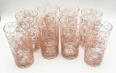 8 Vintage Pink Spaghetti String Tumbler Highball Glasses Retro Mid-Century MINT - Image 1 of 4