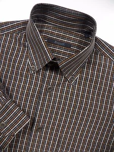 ERMENEGILDO ZEGNA MENS SMALL SPORT SHIRT ORANGE BLUE MINI CHECK MADE IN ITALY - Picture 1 of 4